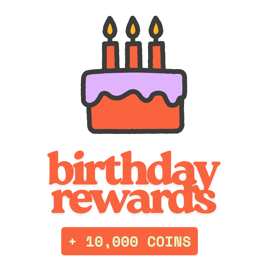 birthday cake icon with text birthday rewards +10000 coins